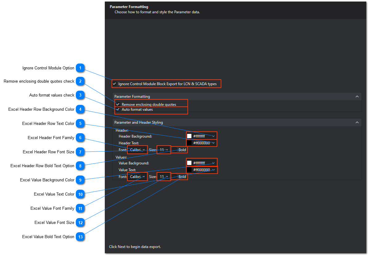 Data Export Parameter Formatting Page