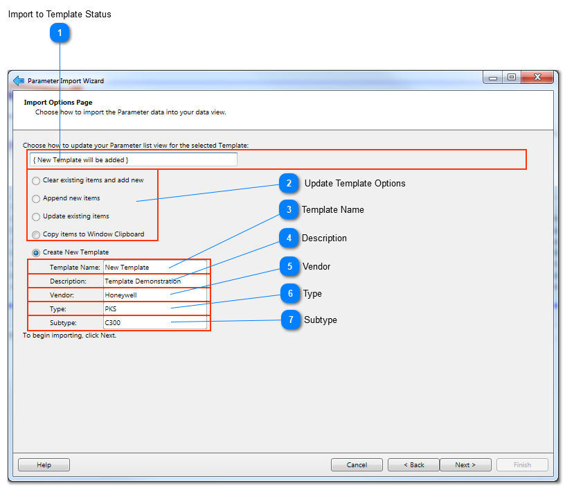 Import Wizard specify parameters Template