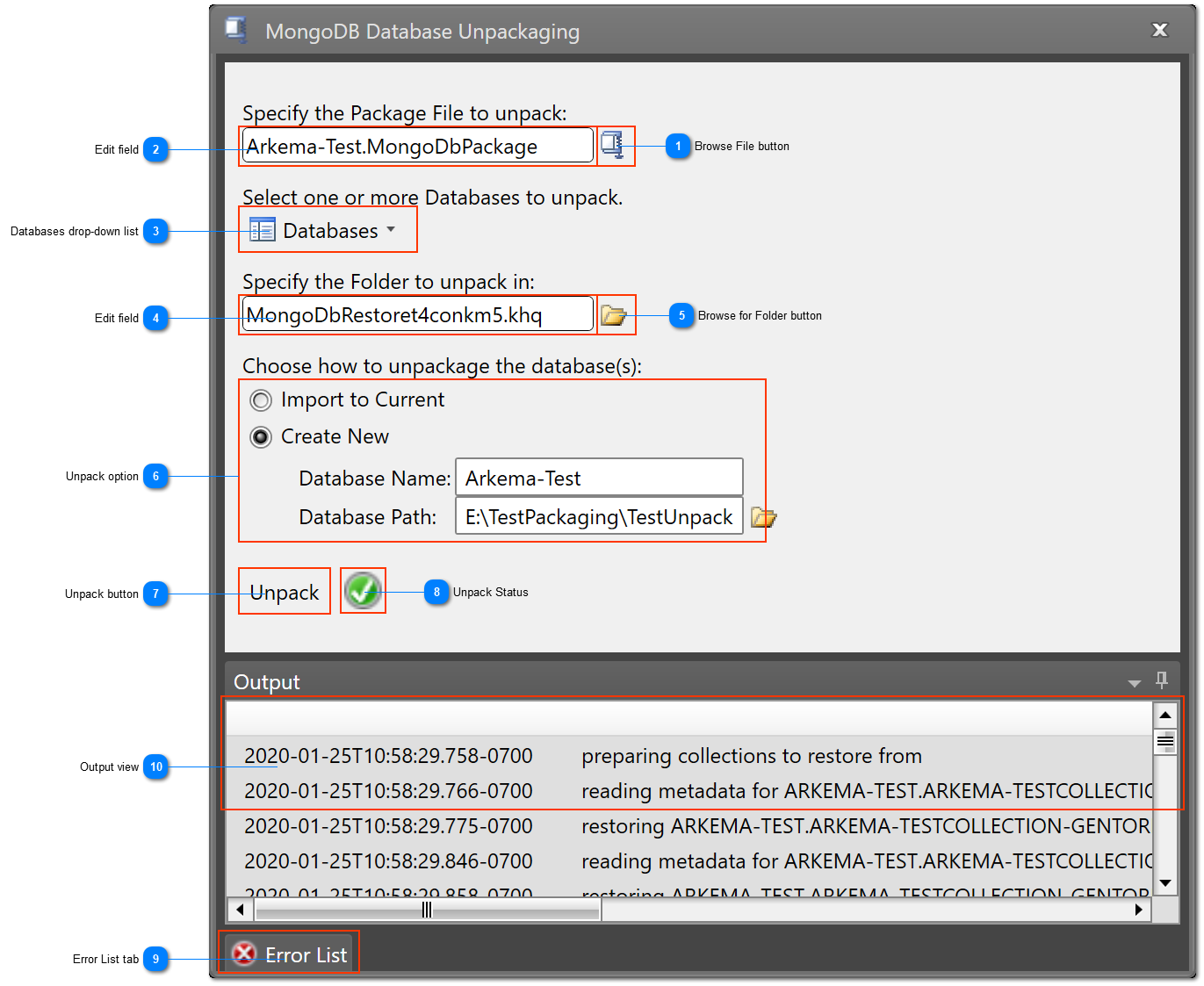 MongoDB Database Unpackaging window