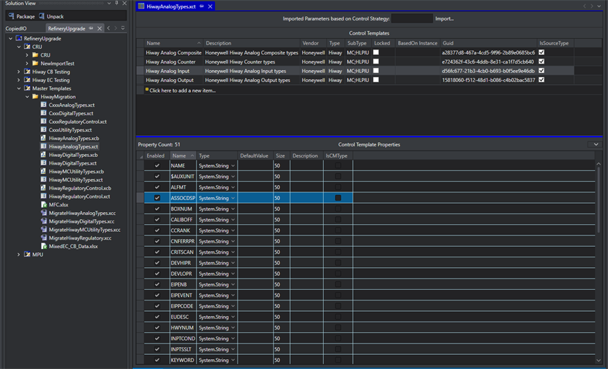 This Control Template view shows the Control properties (parameters) that have been defined for Hiway Analog types.